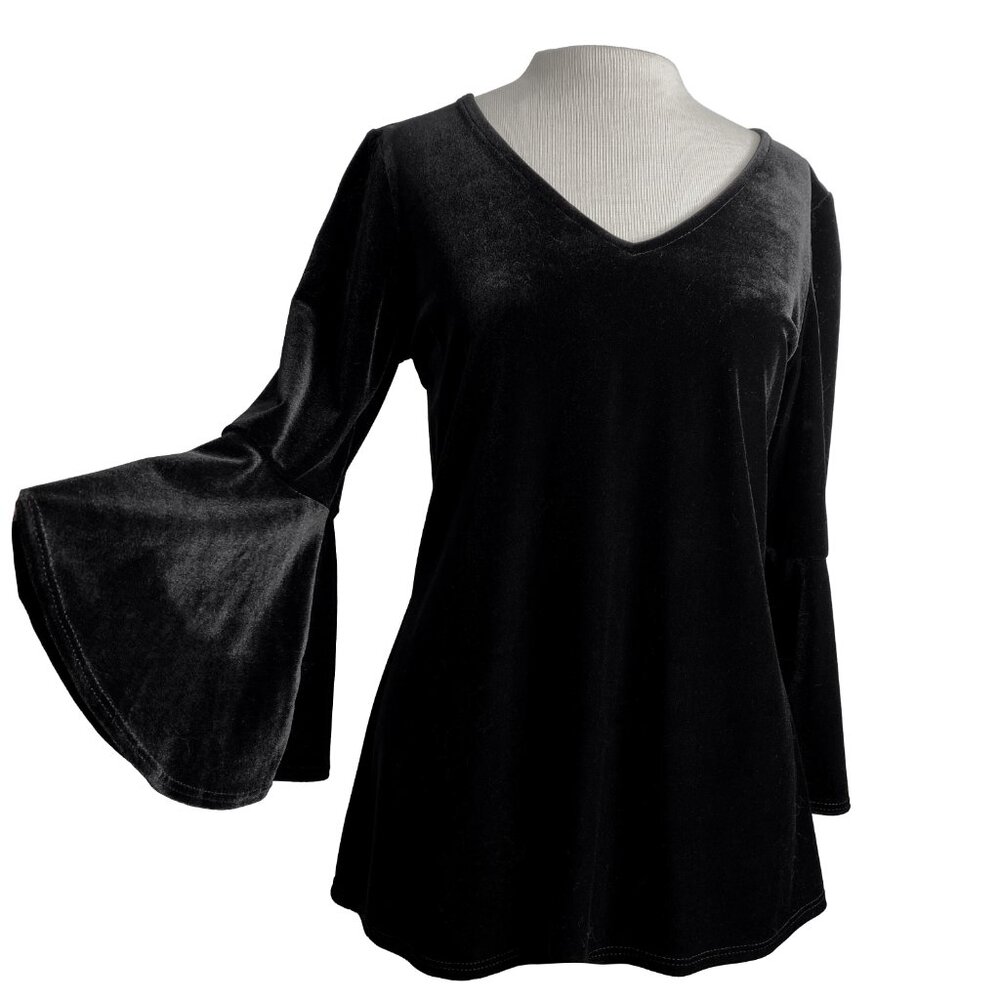 Bell Sleeve Velvet Top V-Neck in Black Stretchy S